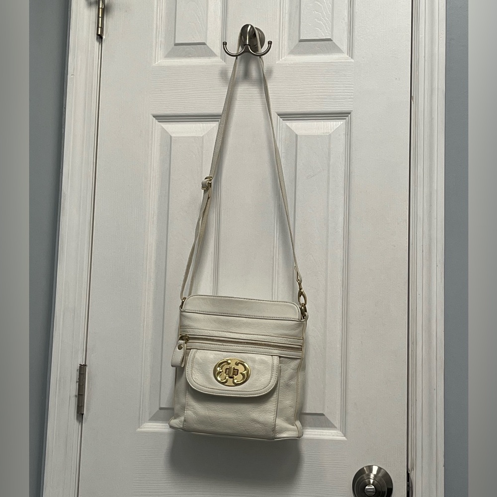 Emma Fox pebbled leather crossbody bag white yellow floral inside Gold Hardware